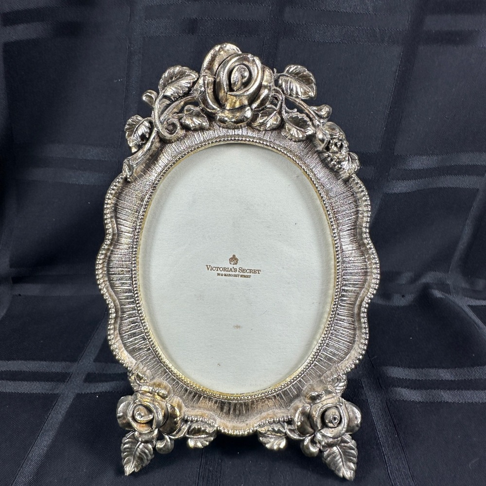 Victorias Secret Vintage Silver Rose Oval Picture‎ Frame Floral Ornate 5x7